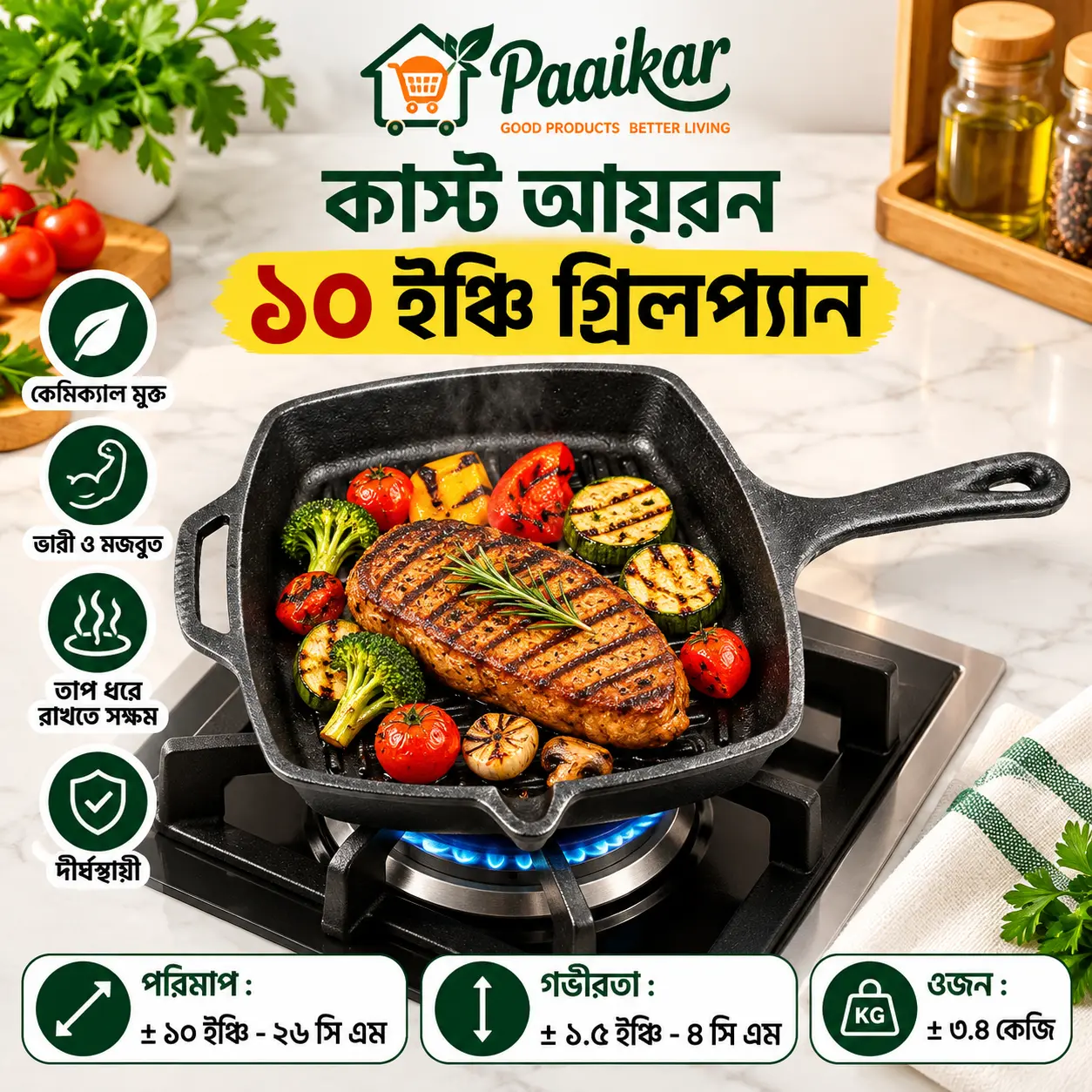 কাস্ট আয়রন ১০ ইঞ্চি গ্রীলপ্যান